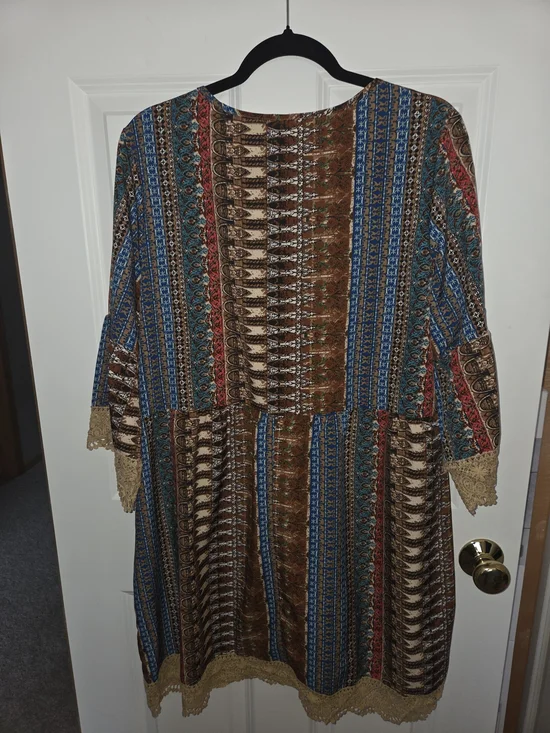 Bohemian Brown & Blue V-Neck Swim Coverup with Crochet Trim - Picture 3 of 5